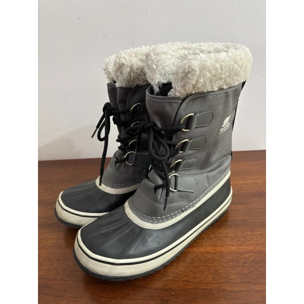 Sorel Women's Black‎ Gray Winter Carnival Boots Waterproof Faux Fur Size 8